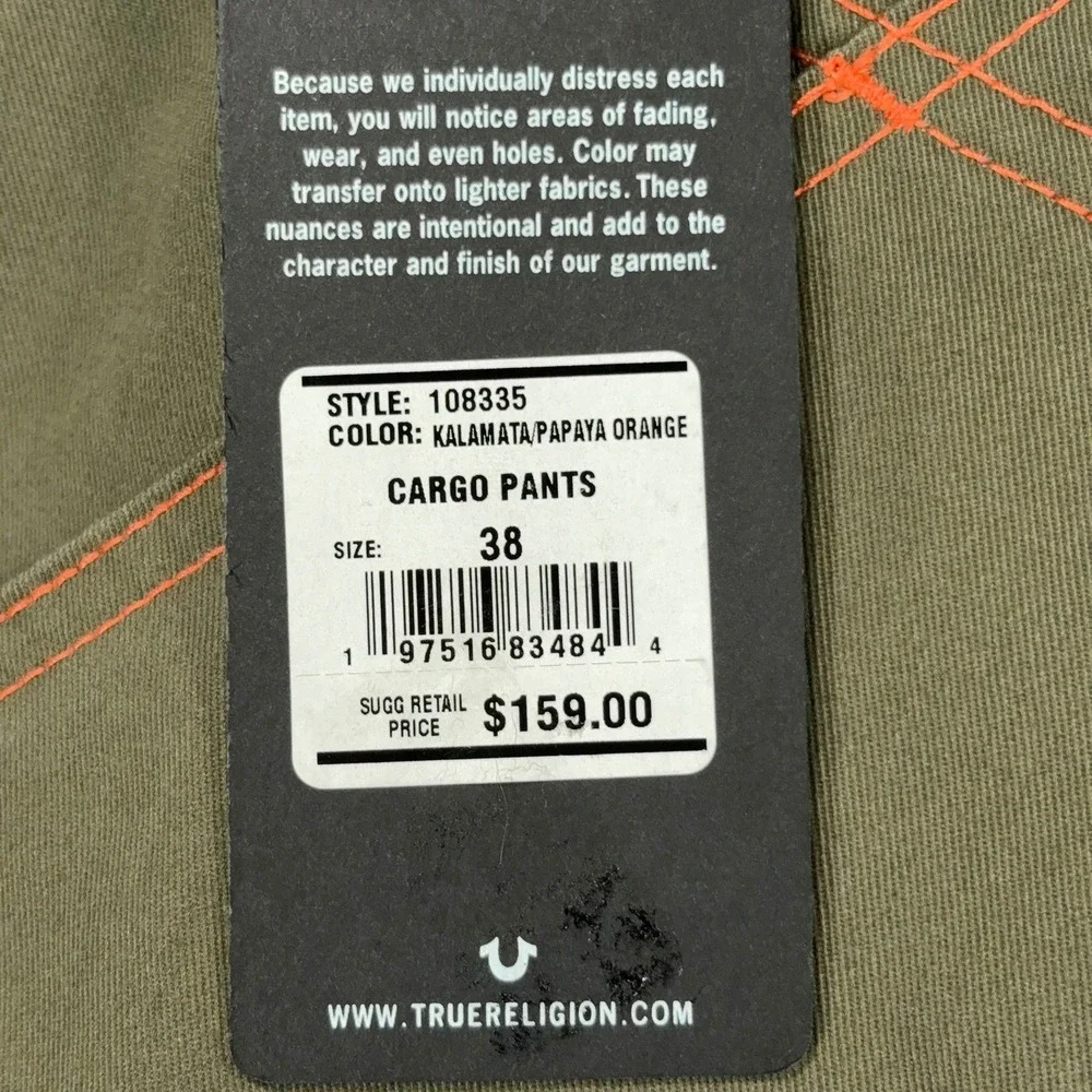 True Religion Cargo Pants Mens 38 Olive Green Twill Orange Stitching 108335 NWT